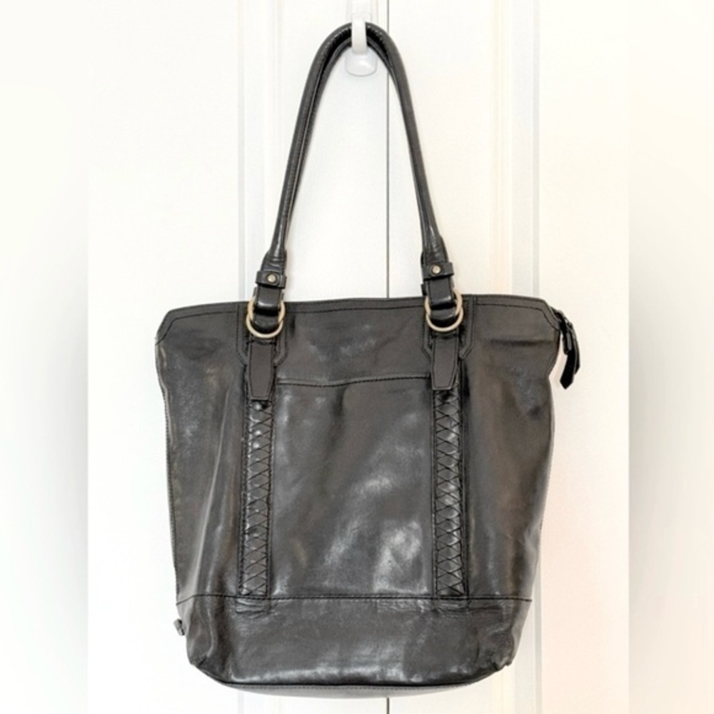 Cole Haan Black Leather Shoulder Bag Braided Detail Branded Tags Embossed Lining